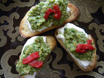 Goat Cheese and Green Olive-Toasted Almond Pesto Crostini