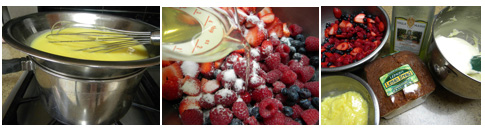 Trife Stages cooking curd in double boiler - macerating berries - trifle ingredients