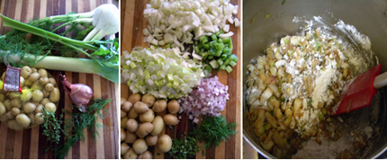 chowder veg fennel, celery, leek, shallot, tiny potatoes, thyme and dill; mise en place; stirring in flour