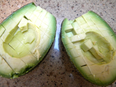 avocado diced in the shell, ready to scoop out