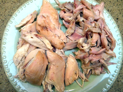 1 3/4 pounds meat from one Costco rotisseri chicken; breast meat on the left, dark meat on the right