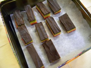 layered between sheets of parchment in a tin for storage