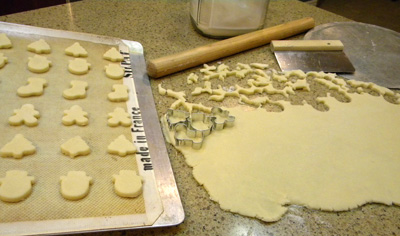 tools of the trade; silpat mat, French rolling pin, pastry scraper, and tart pan bottom